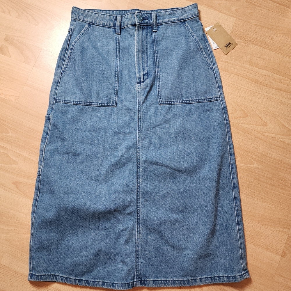 NWT Vans Union Denim Carpenter Midi Maxi Skirt Light Medium Wash Size 28